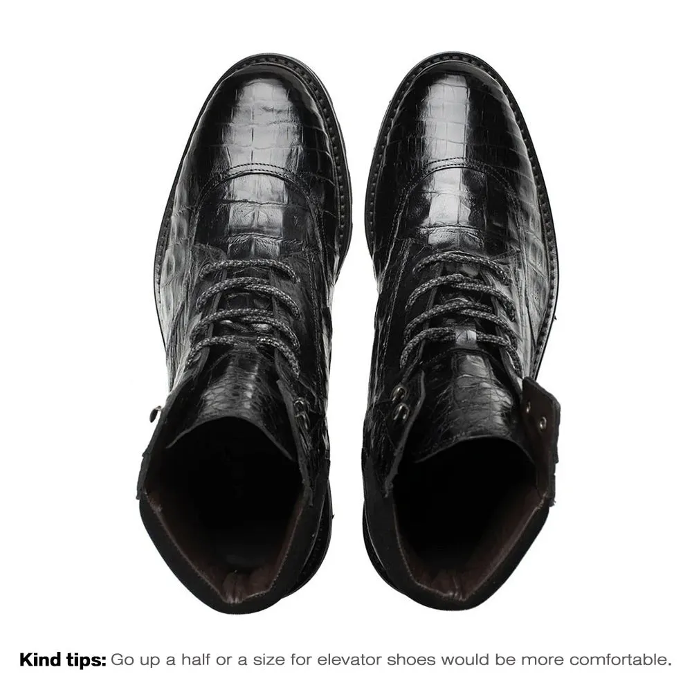 7 CM/2.76 Inches CMR CHAMARIPA Men's Height Increasing Boots - Black Crocodile & Suede Rugged Boots