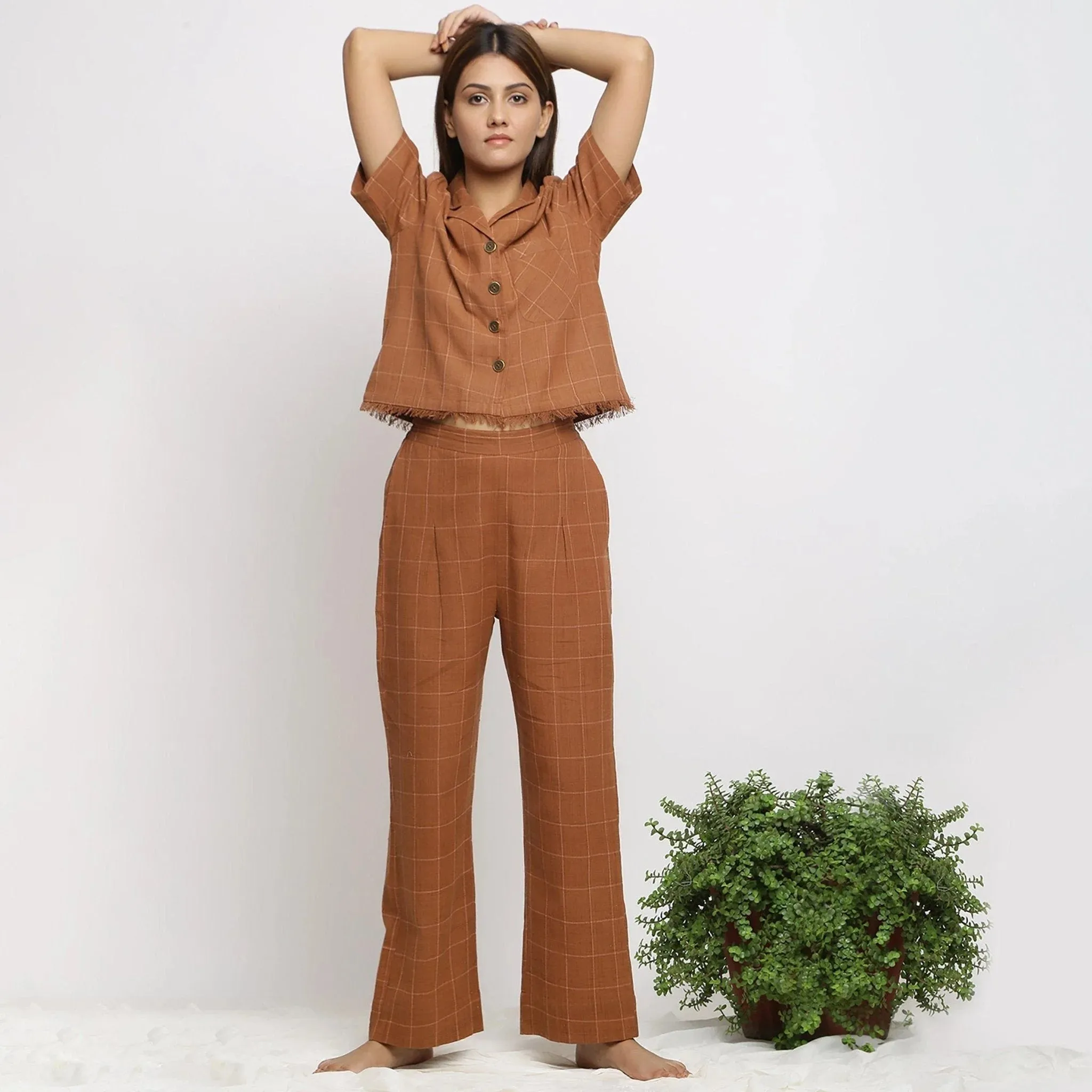 Almond Brown Check Handspun Cotton Elasticated Pant