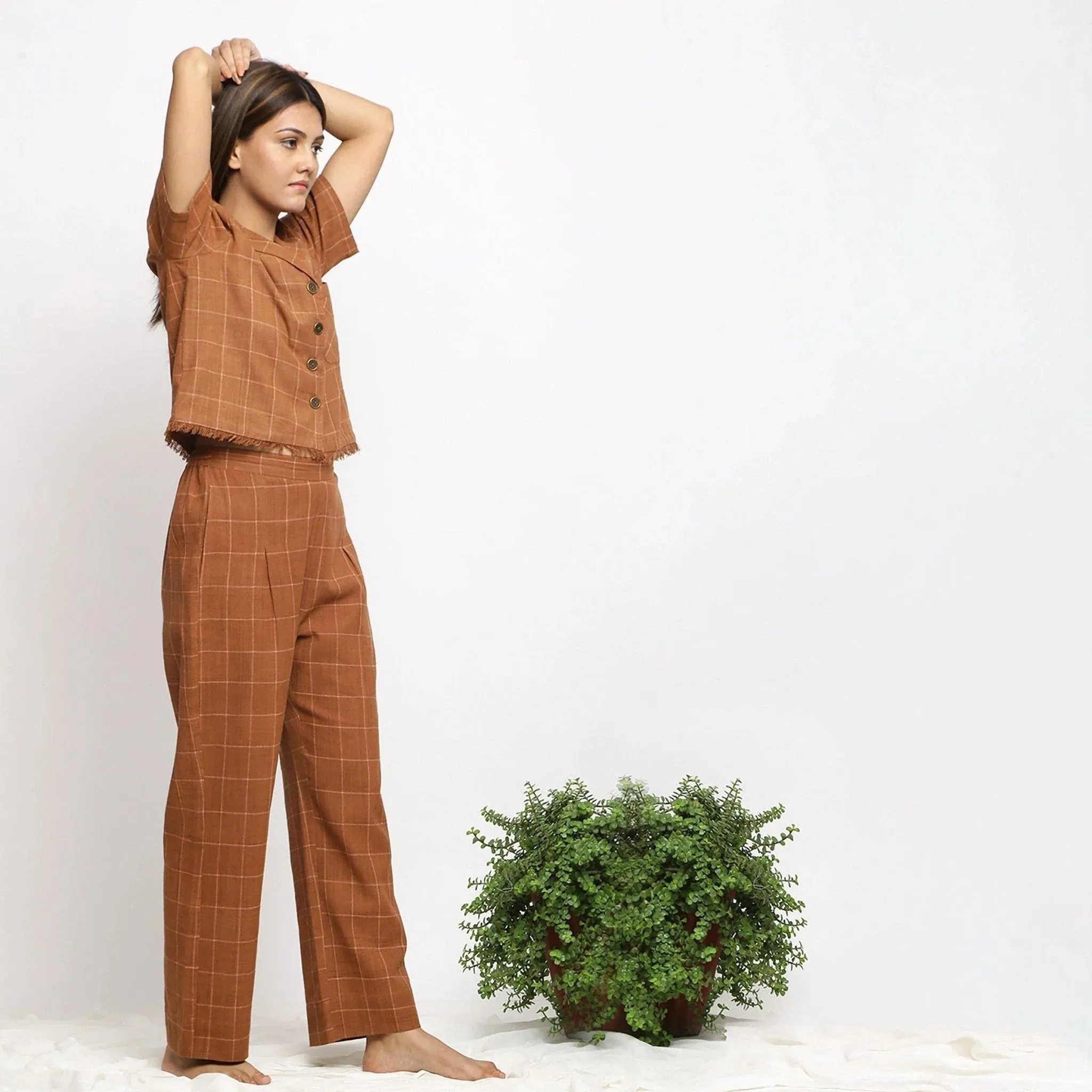 Almond Brown Check Handspun Cotton Elasticated Pant