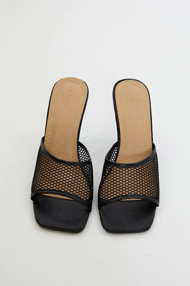 Black Angelina Mesh Square Toe Mule High Heeled Shoe