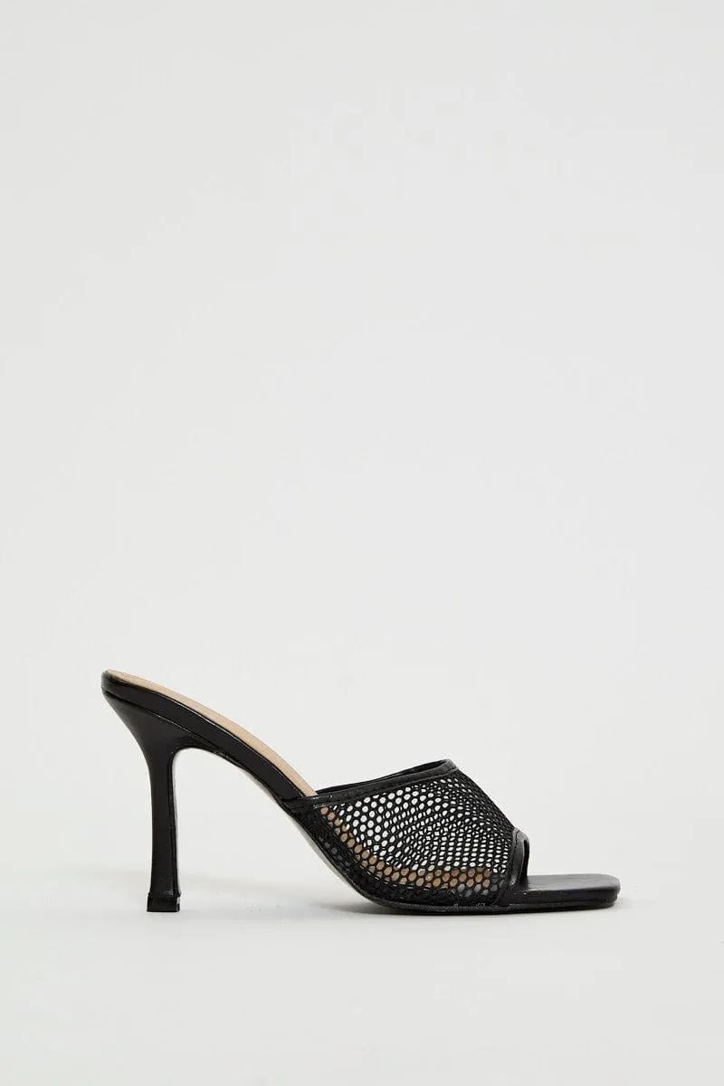 Black Angelina Mesh Square Toe Mule High Heeled Shoe