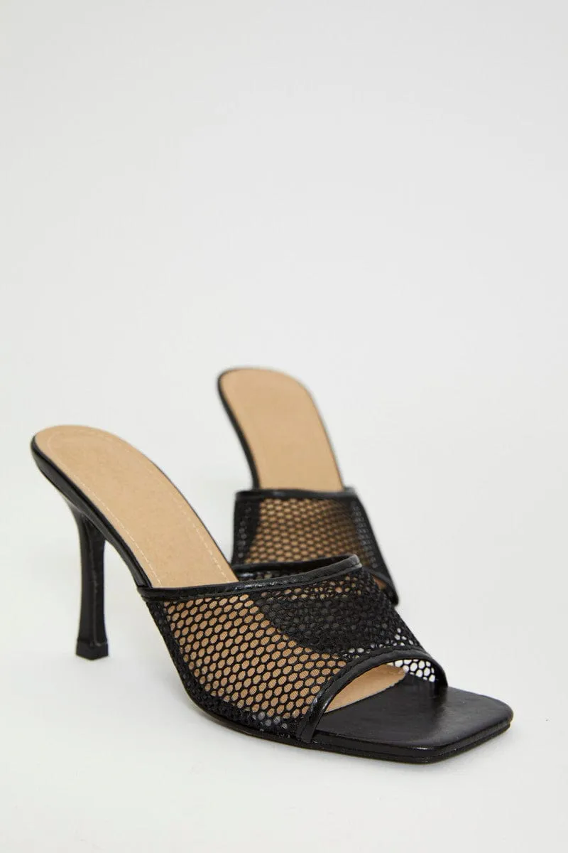 Black Angelina Mesh Square Toe Mule High Heeled Shoe