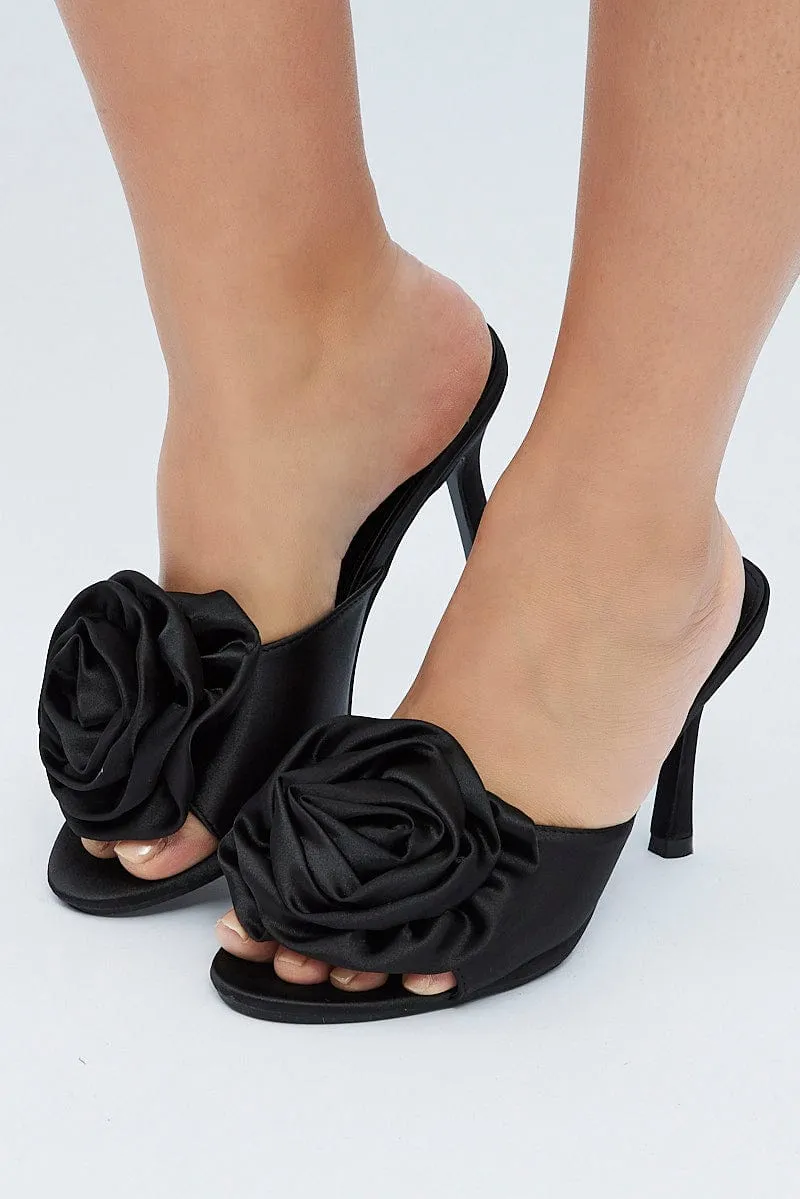 Black Rosette Heeled Mules