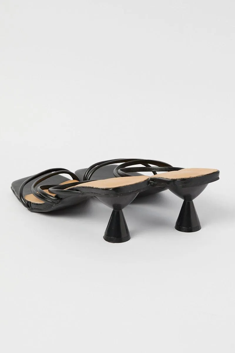 Black Strappy Mid Heeled Mules