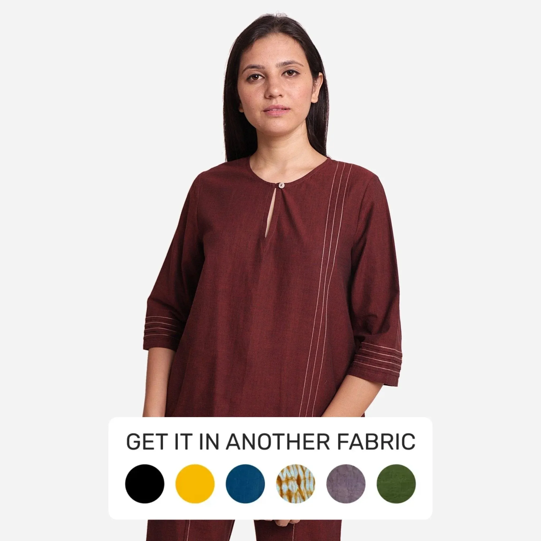 Brown Mangalgiri Cotton Split Neck Tunic Top