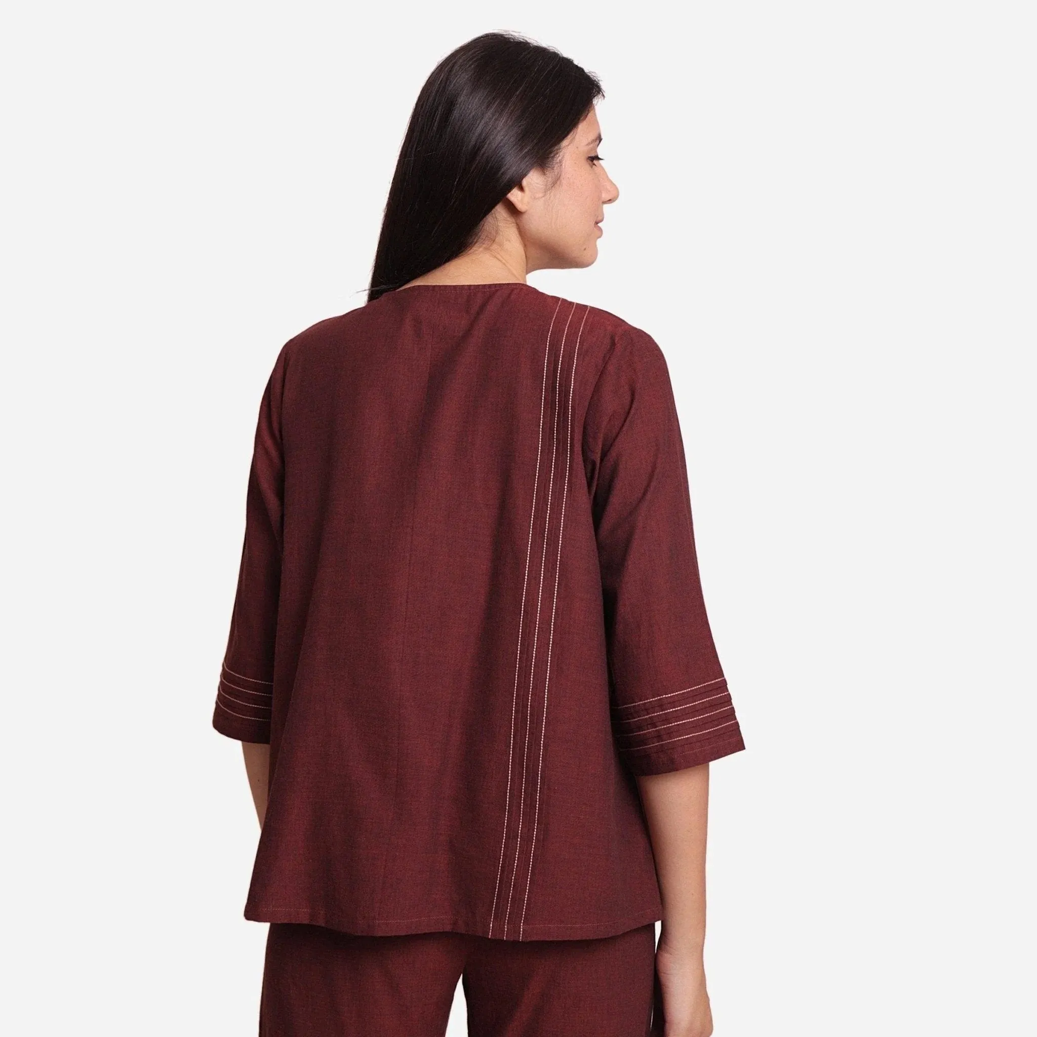 Brown Mangalgiri Cotton Split Neck Tunic Top