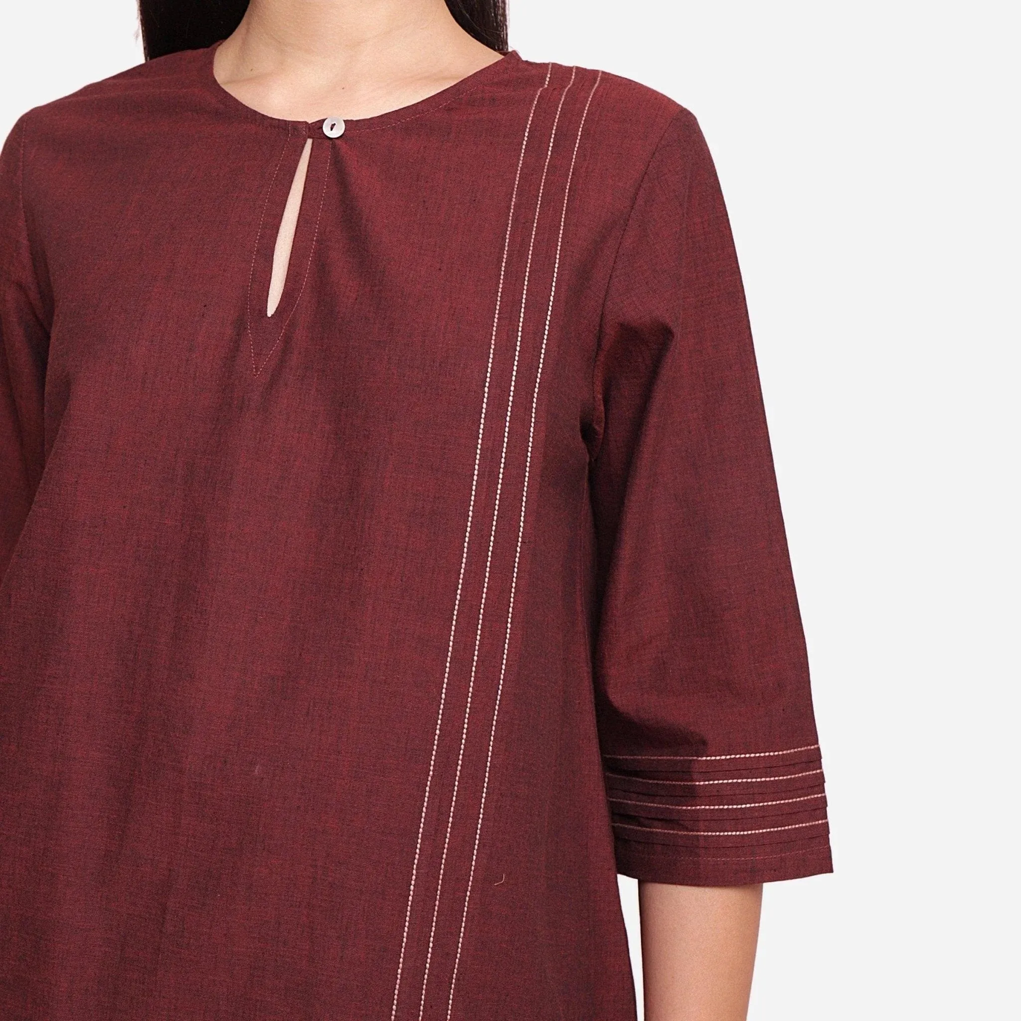 Brown Mangalgiri Cotton Split Neck Tunic Top