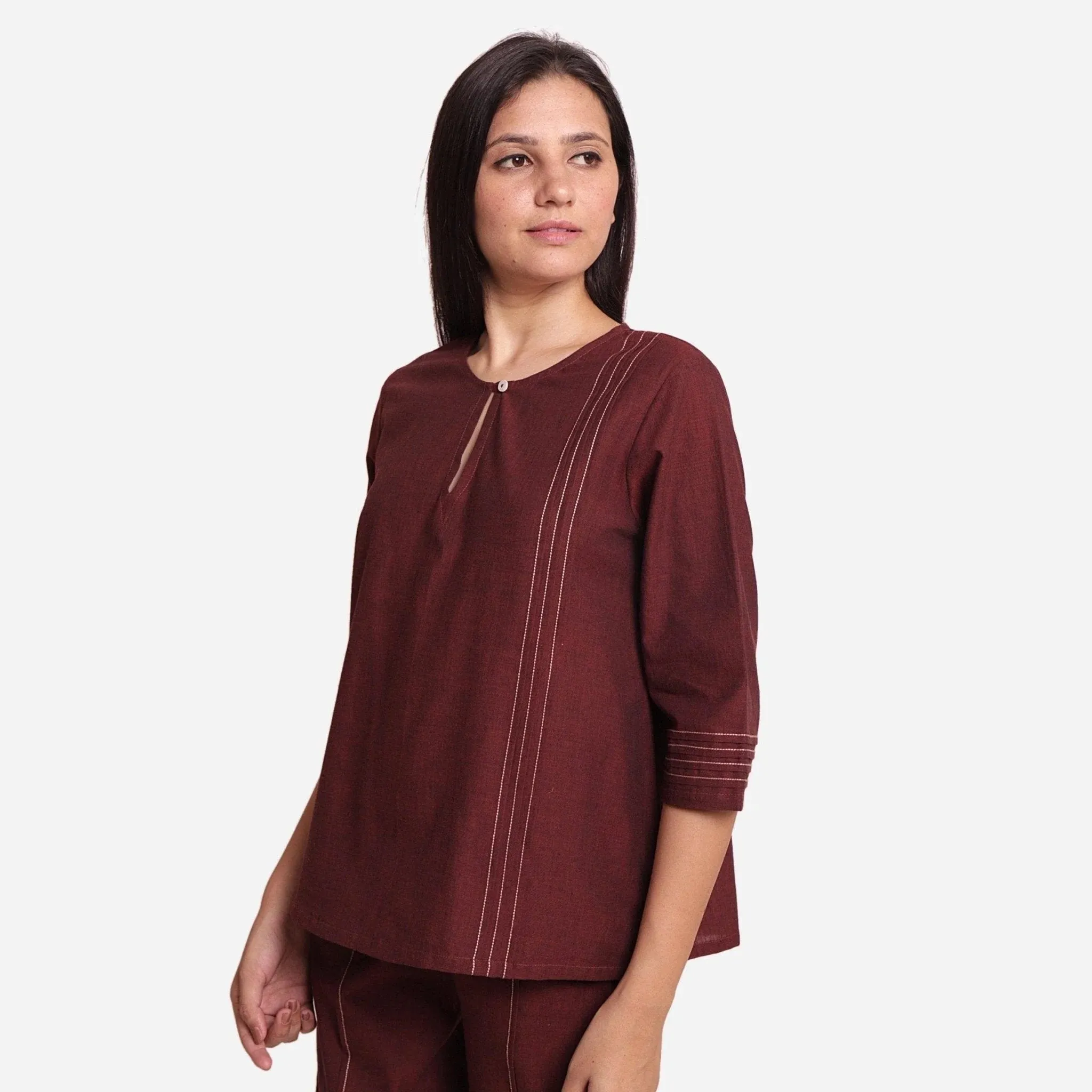 Brown Mangalgiri Cotton Split Neck Tunic Top
