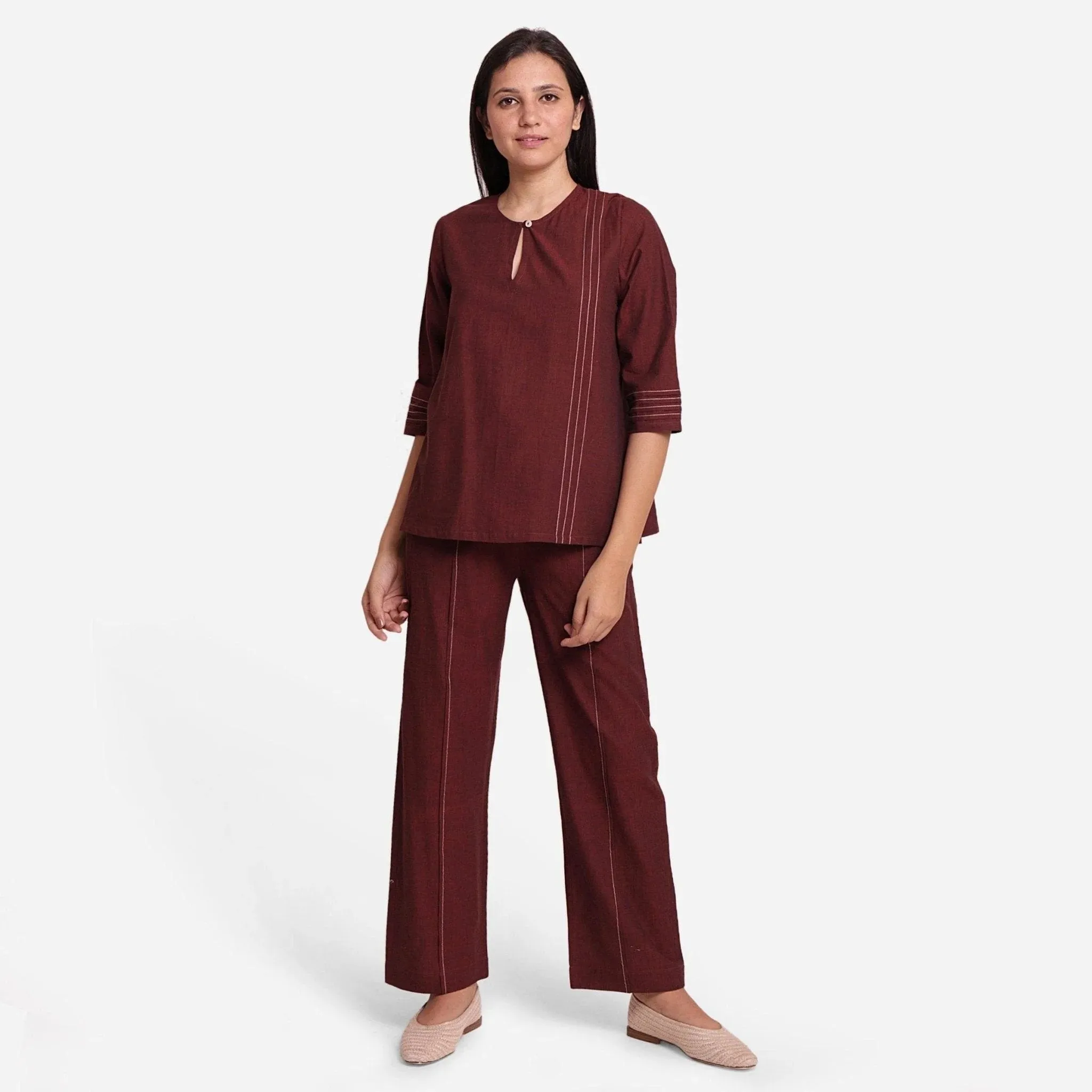 Brown Mangalgiri Cotton Split Neck Tunic Top