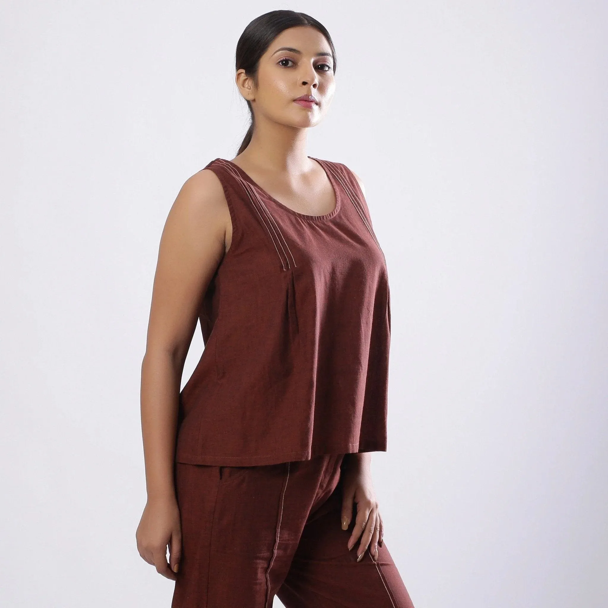 Brown Round Neck Mangalgiri Cotton Sleeveless Top