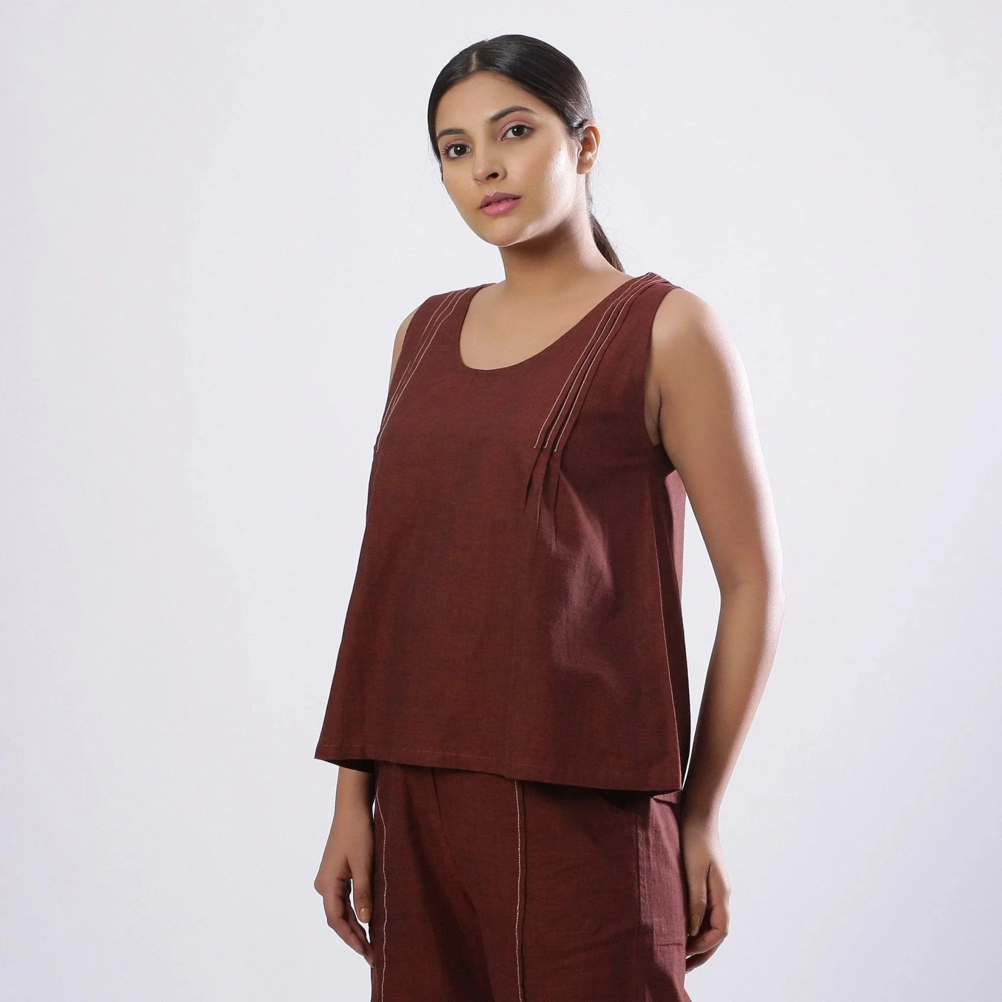 Brown Round Neck Mangalgiri Cotton Sleeveless Top