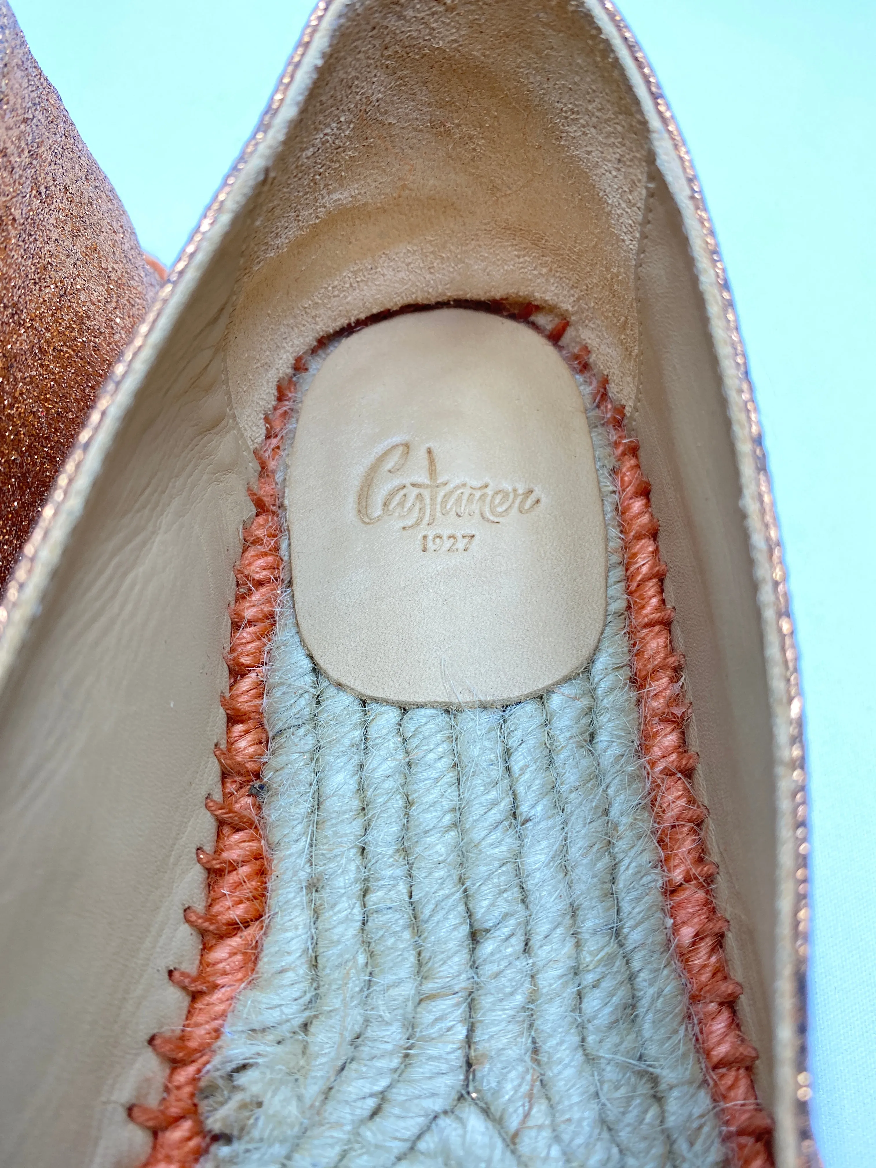 CASTEÑER - KENDA ESPADRILLE FLATS IN GLITTER ORANGE - SZ 38 - NEW IN BOX