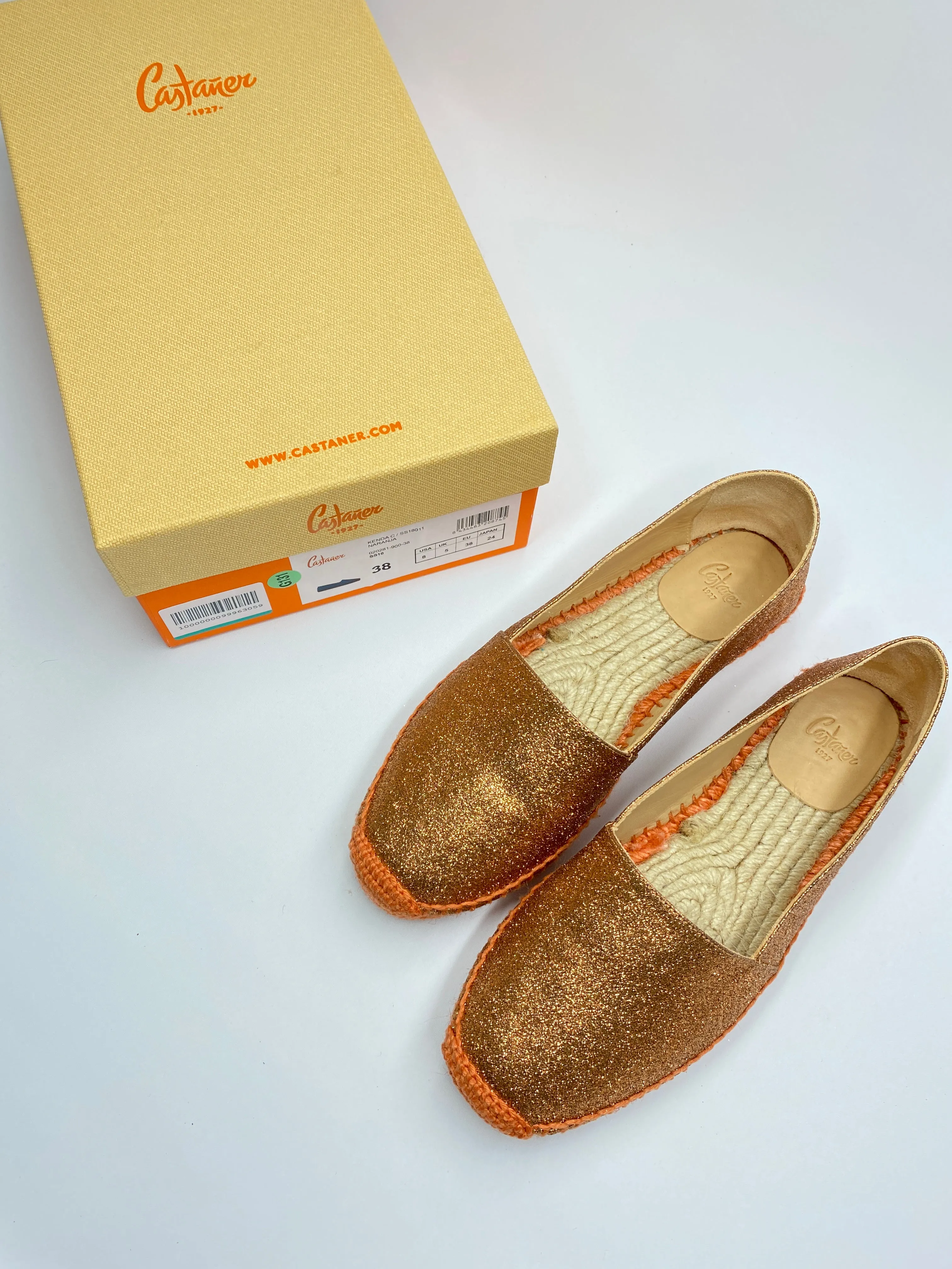 CASTEÑER - KENDA ESPADRILLE FLATS IN GLITTER ORANGE - SZ 38 - NEW IN BOX