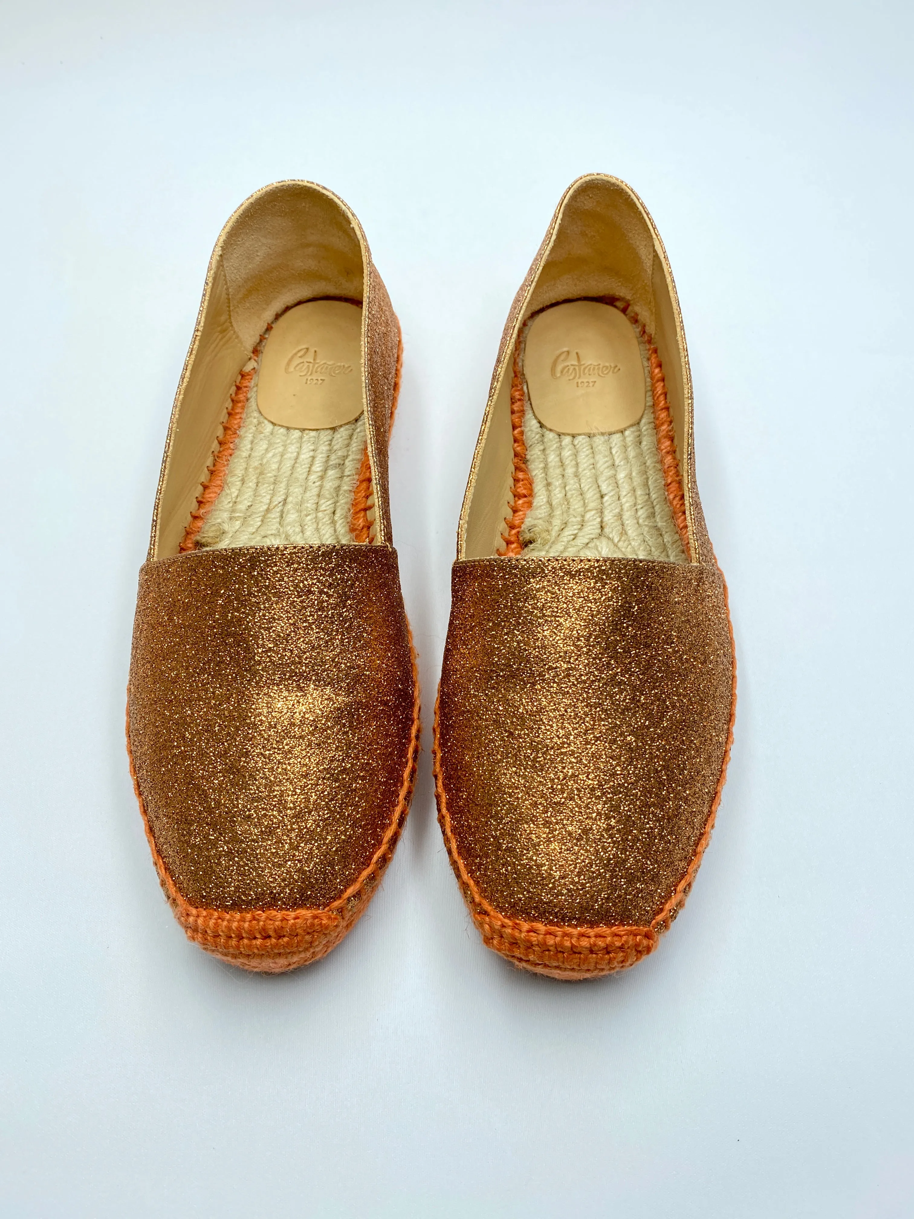 CASTEÑER - KENDA ESPADRILLE FLATS IN GLITTER ORANGE - SZ 38 - NEW IN BOX