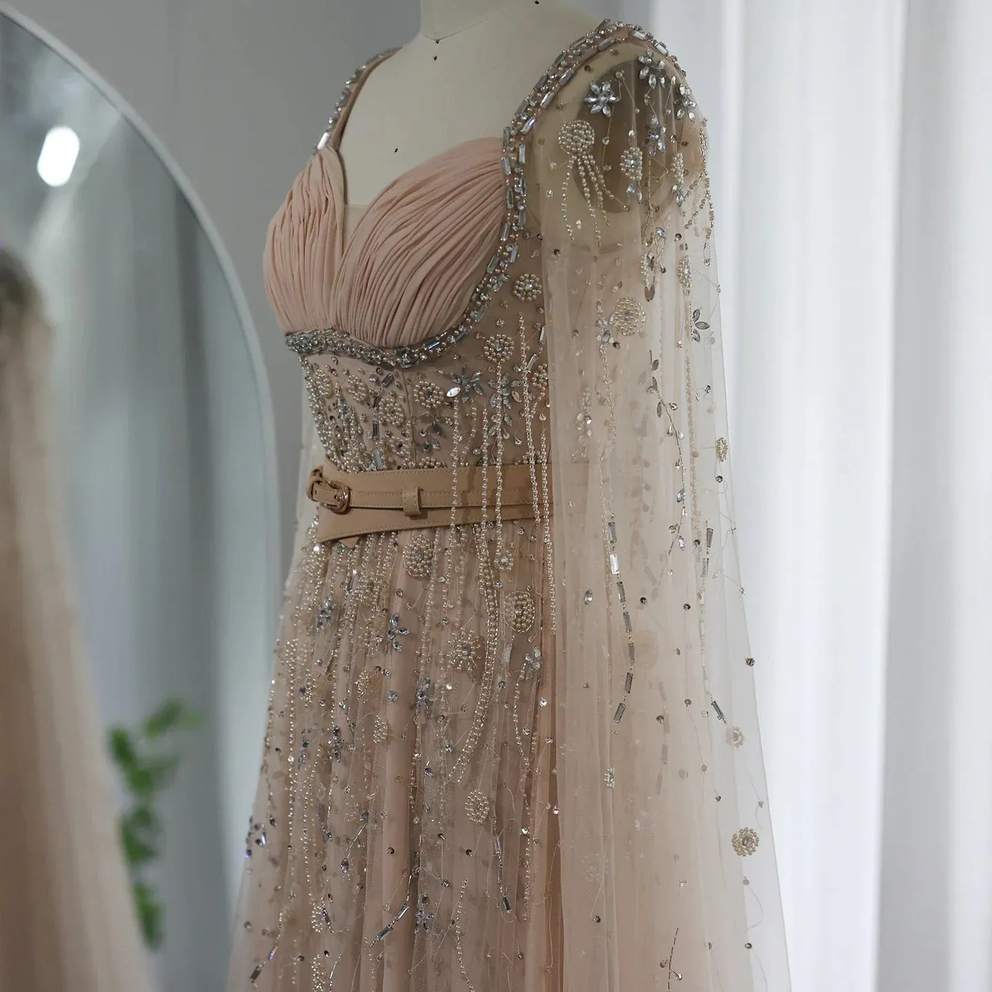 Champagne Tassel Slit Evening Dress with Cape Sleeves SS376