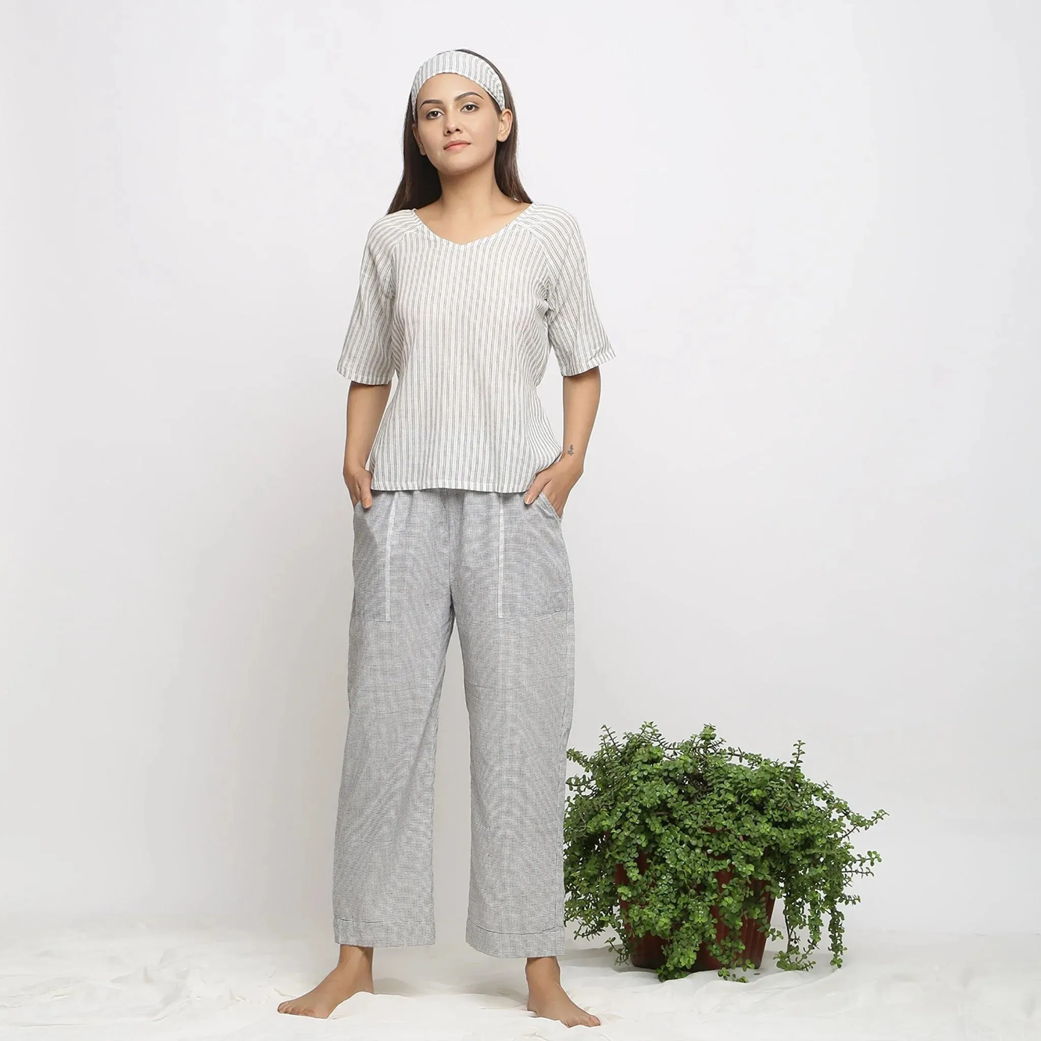 Charcoal Grey Striped Cotton A-Line Tie-Up Top