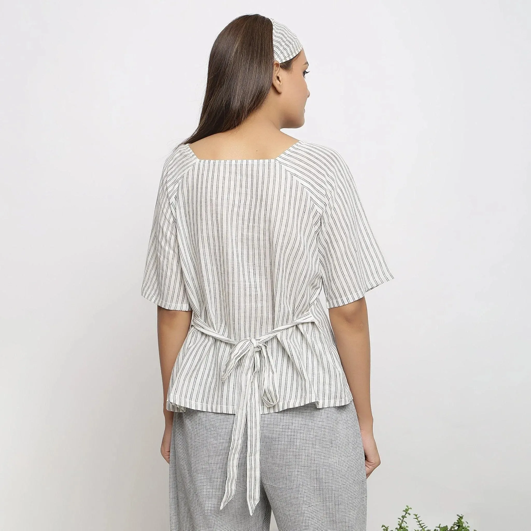 Charcoal Grey Striped Cotton A-Line Tie-Up Top