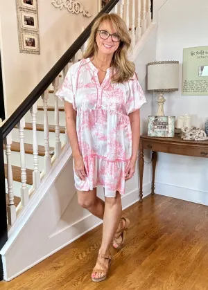 Coral Pink Landscape Print Dress | Elegant Fashion