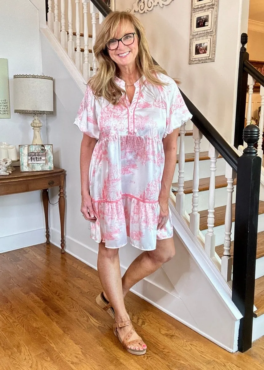 Coral Pink Landscape Print Dress | Elegant Fashion