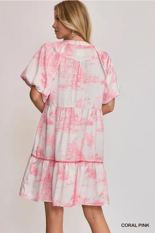 Coral Pink Landscape Print Dress | Elegant Fashion