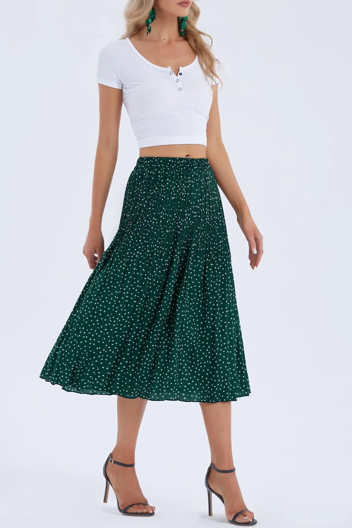 DJT High Waist A-Line Pleated Skirt FASHION Green Polka Dots Womens Elastic Polka Dot Midi Swing Skirt