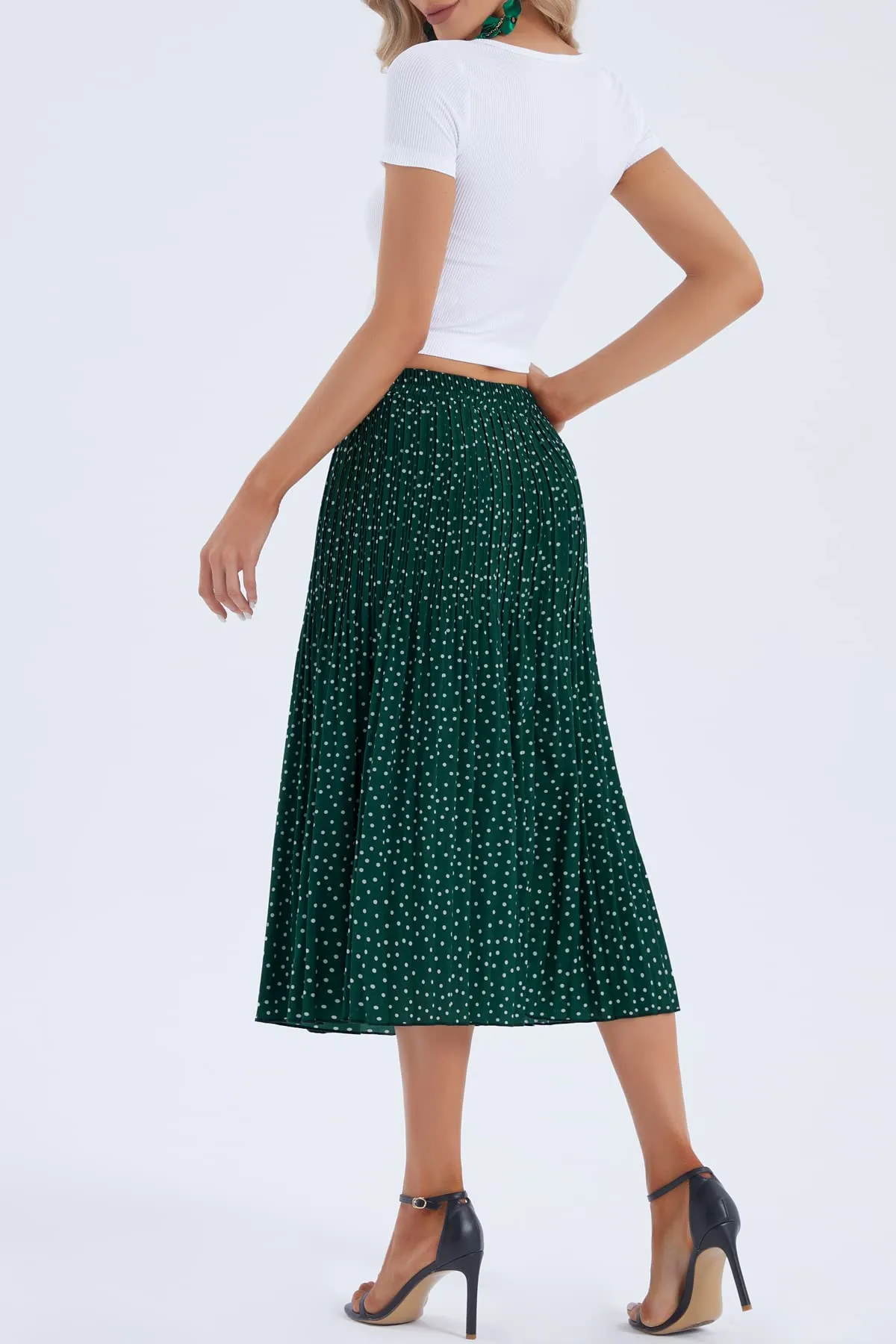 DJT High Waist A-Line Pleated Skirt FASHION Green Polka Dots Womens Elastic Polka Dot Midi Swing Skirt