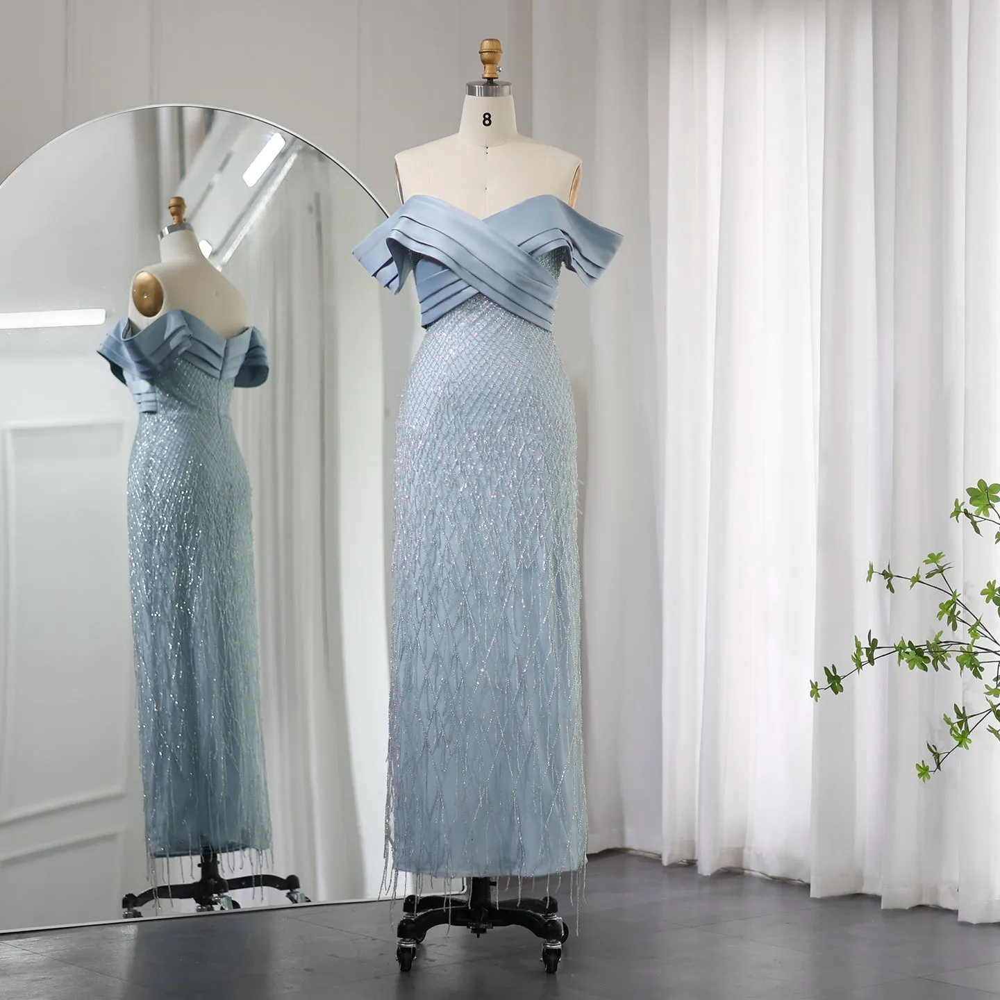 Elegant Off Shoulder Sage Green Tassel Evening Dress SS447