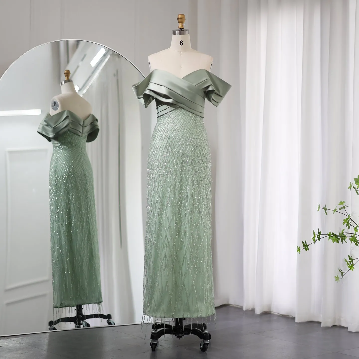 Elegant Off Shoulder Sage Green Tassel Evening Dress SS447