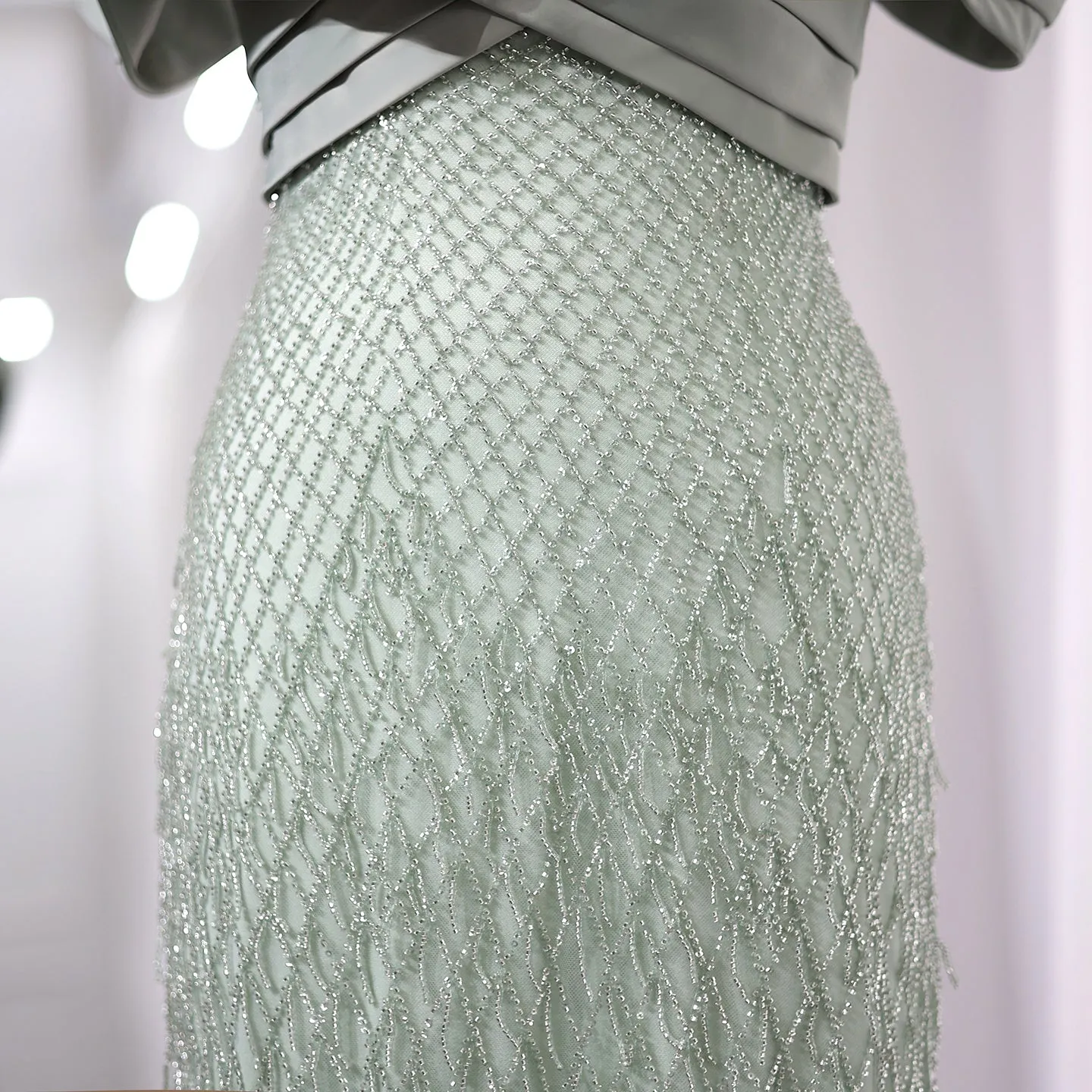 Elegant Off Shoulder Sage Green Tassel Evening Dress SS447