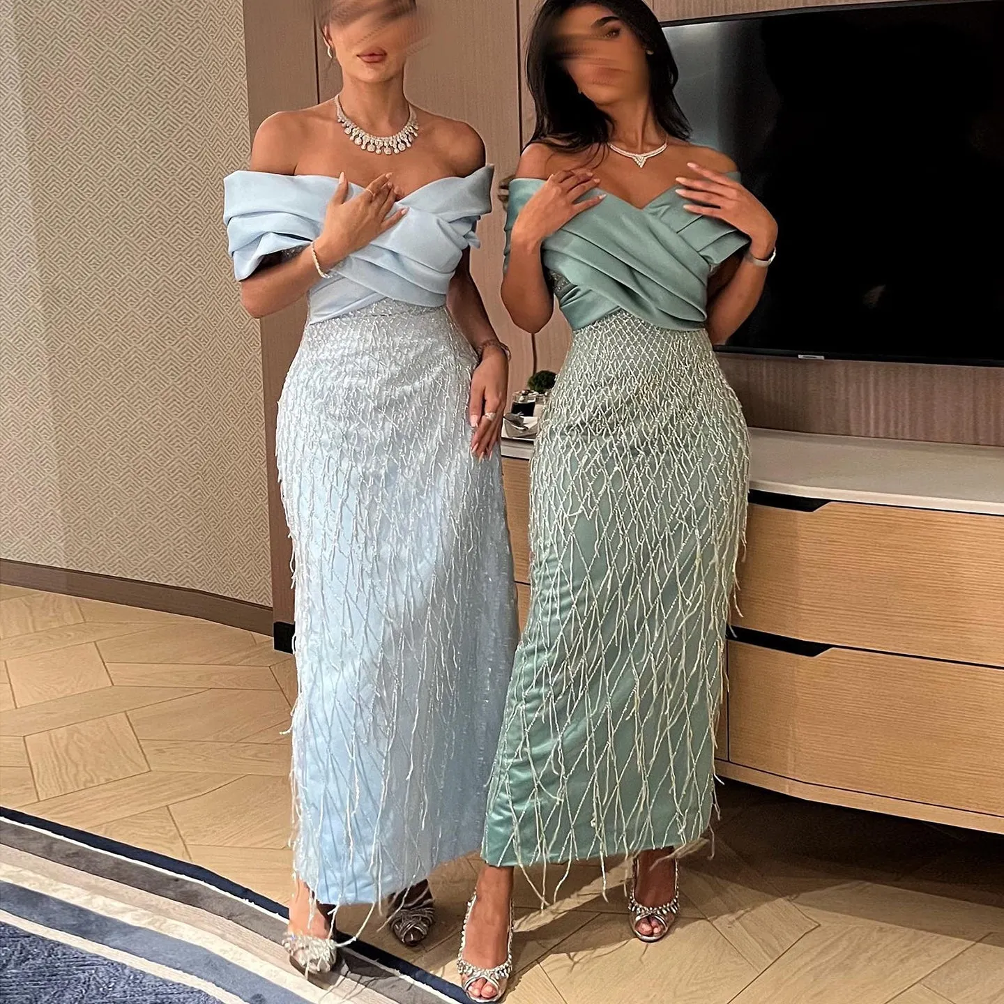 Elegant Off Shoulder Sage Green Tassel Evening Dress SS447