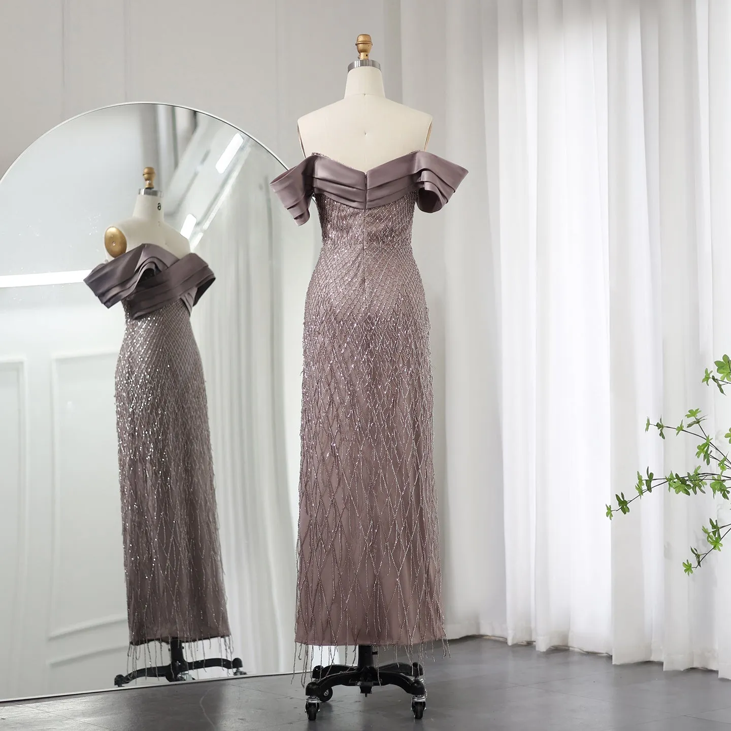 Elegant Off Shoulder Sage Green Tassel Evening Dress SS447