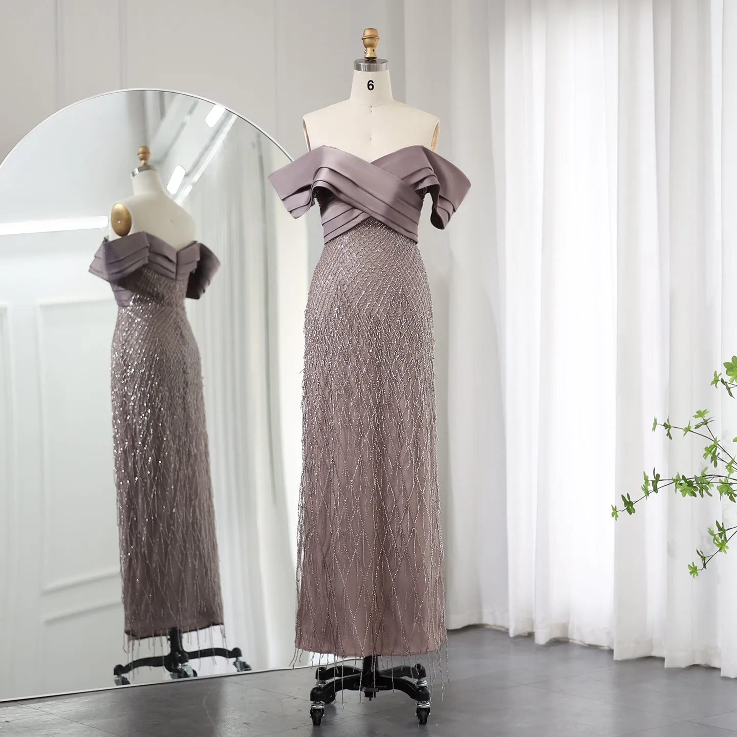 Elegant Off Shoulder Sage Green Tassel Evening Dress SS447