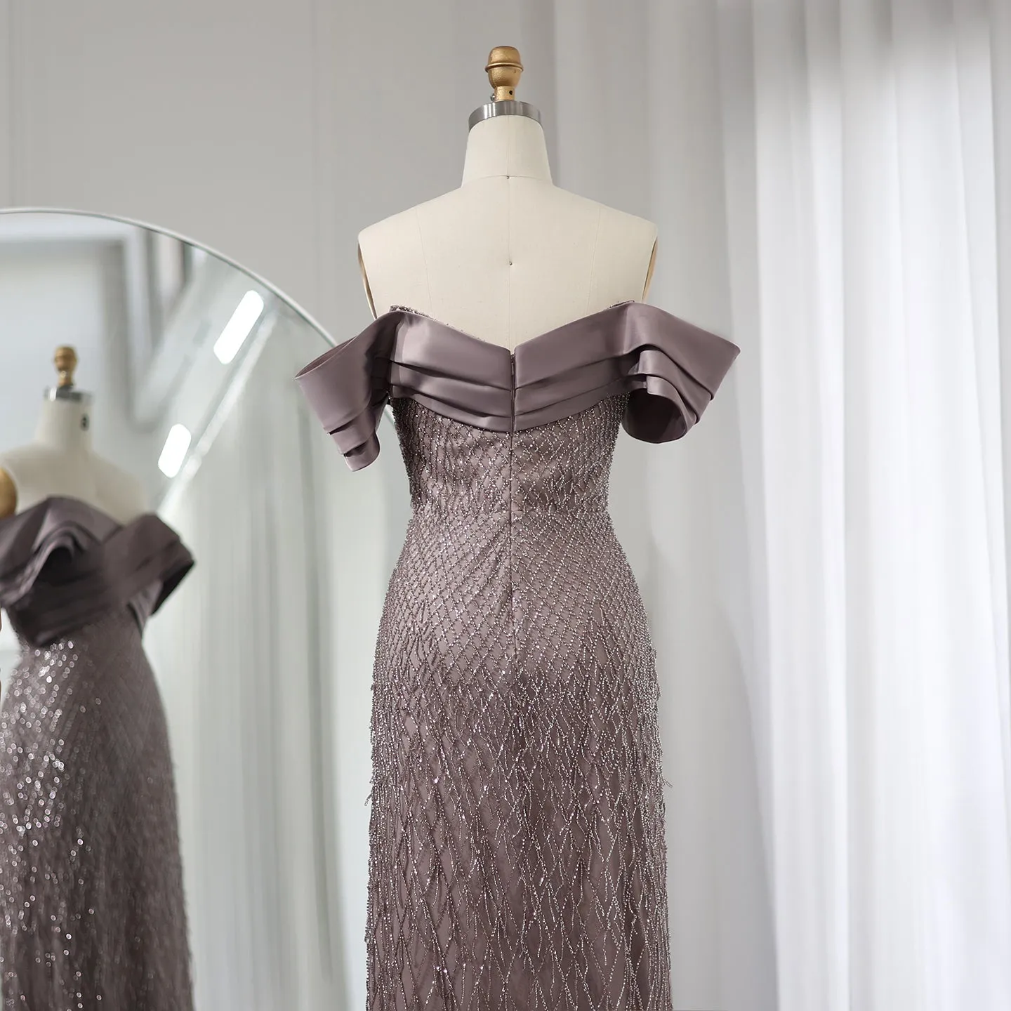 Elegant Off Shoulder Sage Green Tassel Evening Dress SS447