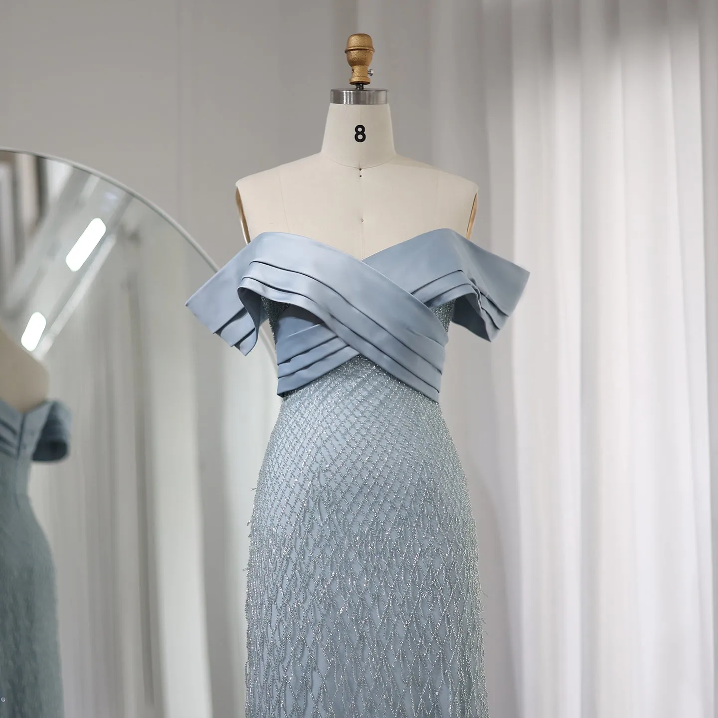 Elegant Off Shoulder Sage Green Tassel Evening Dress SS447
