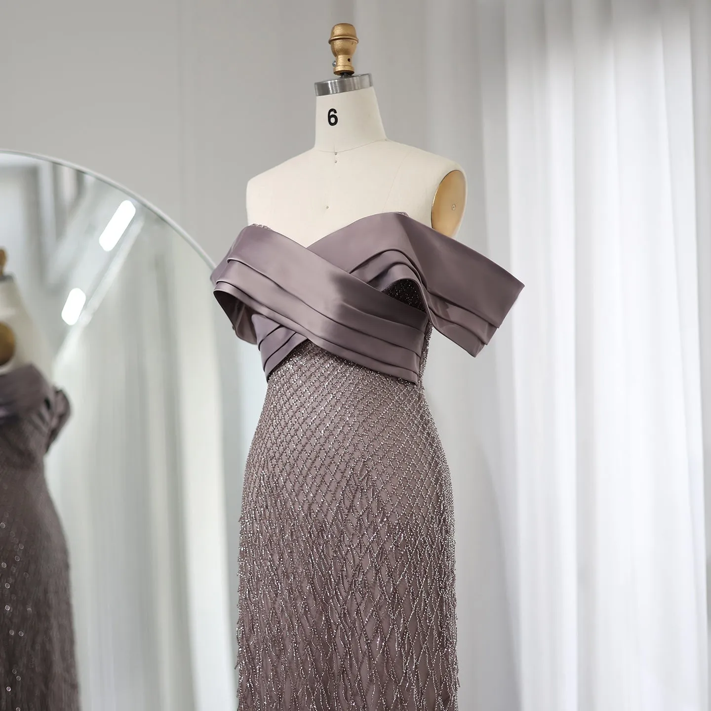 Elegant Off Shoulder Sage Green Tassel Evening Dress SS447