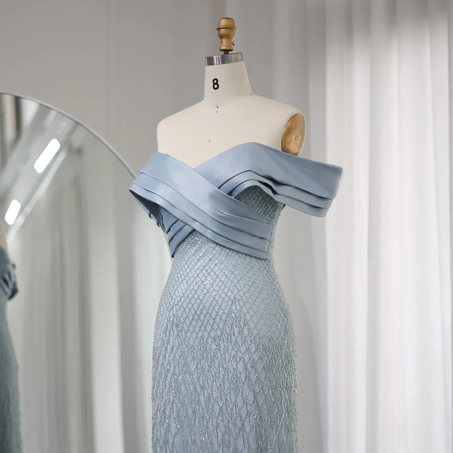 Elegant Off Shoulder Sage Green Tassel Evening Dress SS447