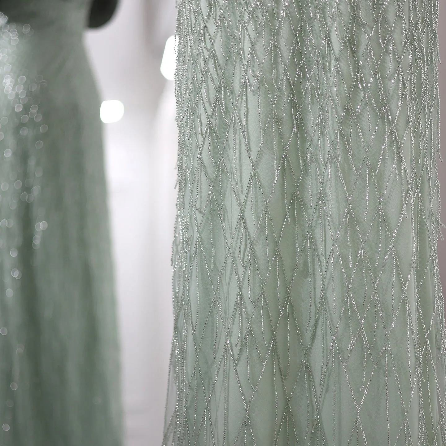 Elegant Off Shoulder Sage Green Tassel Evening Dress SS447
