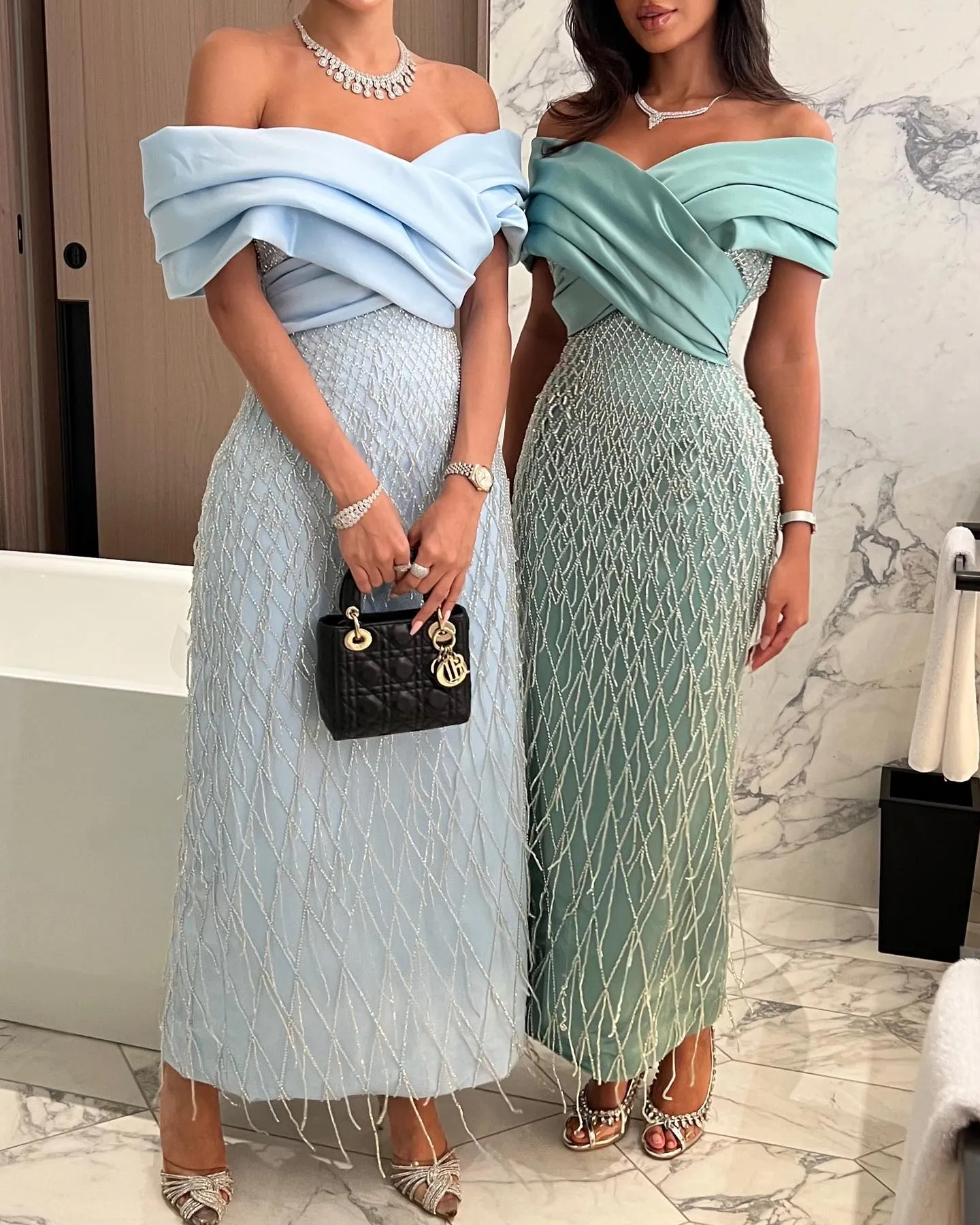 Elegant Off Shoulder Sage Green Tassel Evening Dress SS447