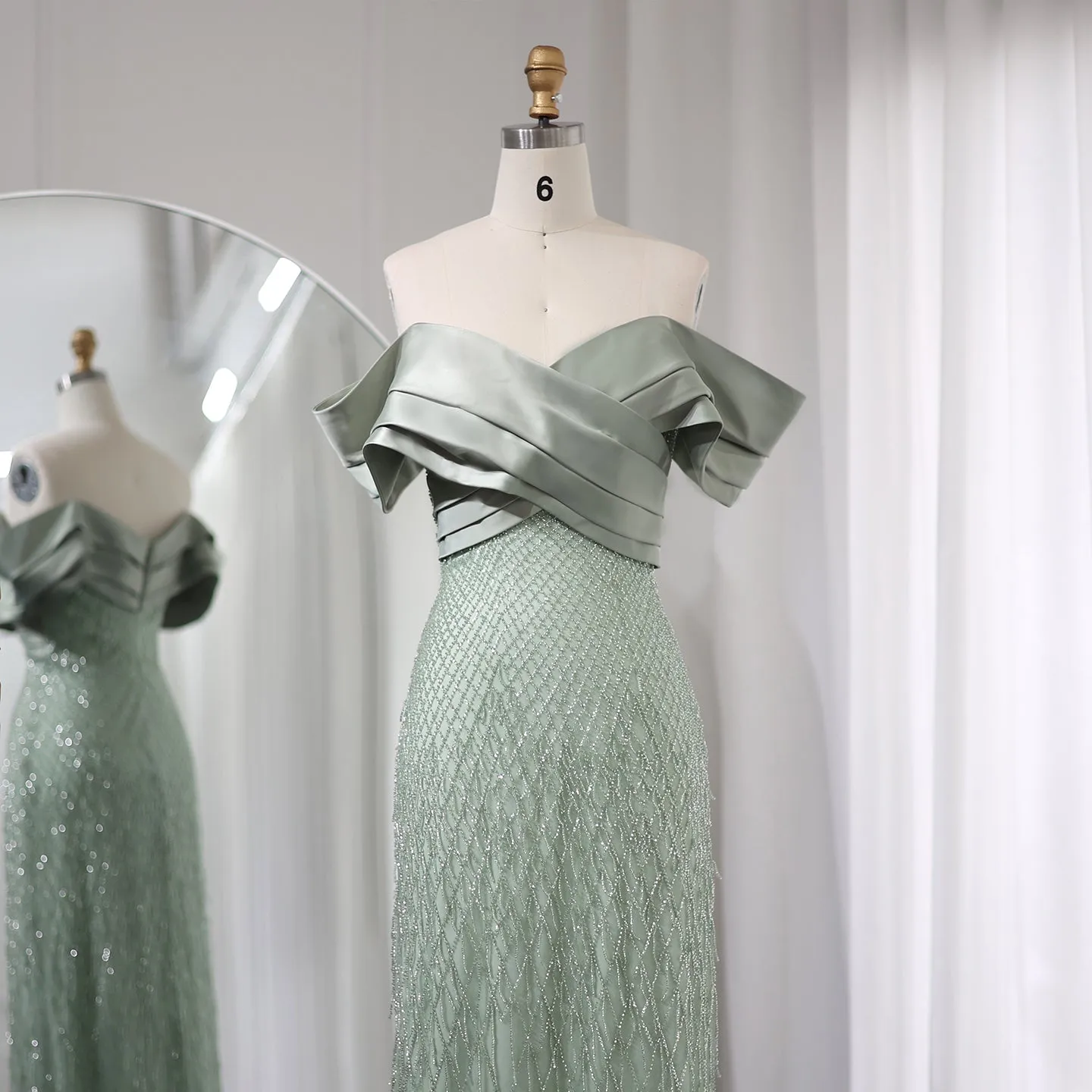 Elegant Off Shoulder Sage Green Tassel Evening Dress SS447