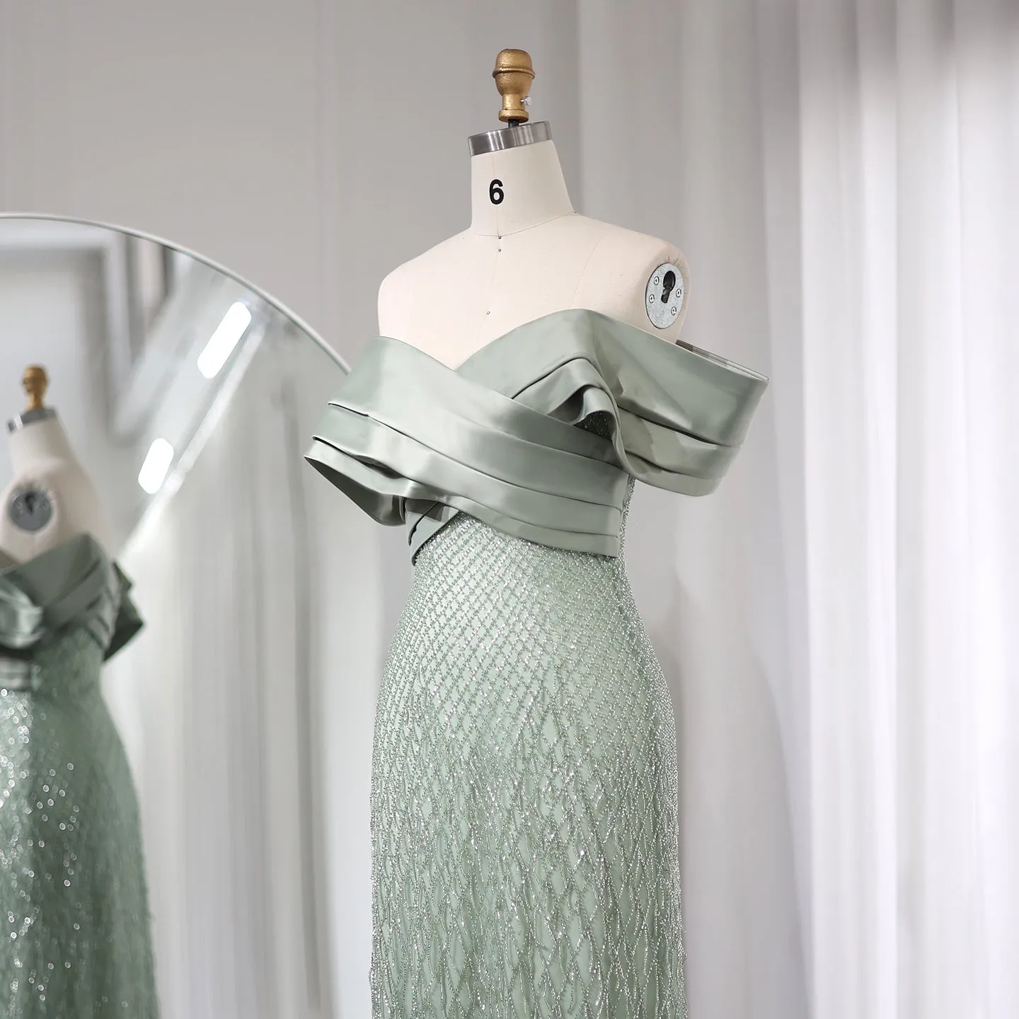 Elegant Off Shoulder Sage Green Tassel Evening Dress SS447