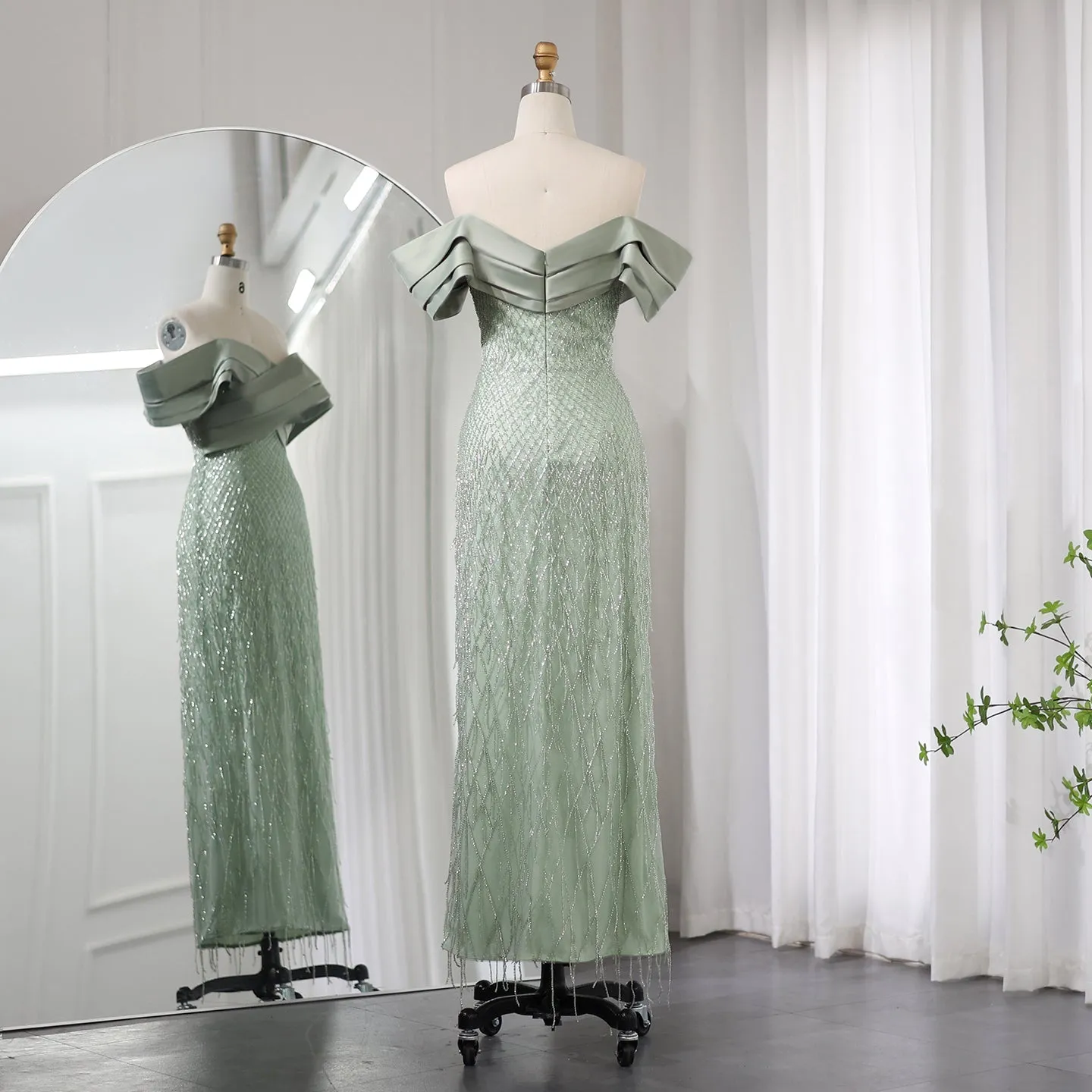 Elegant Off Shoulder Sage Green Tassel Evening Dress SS447
