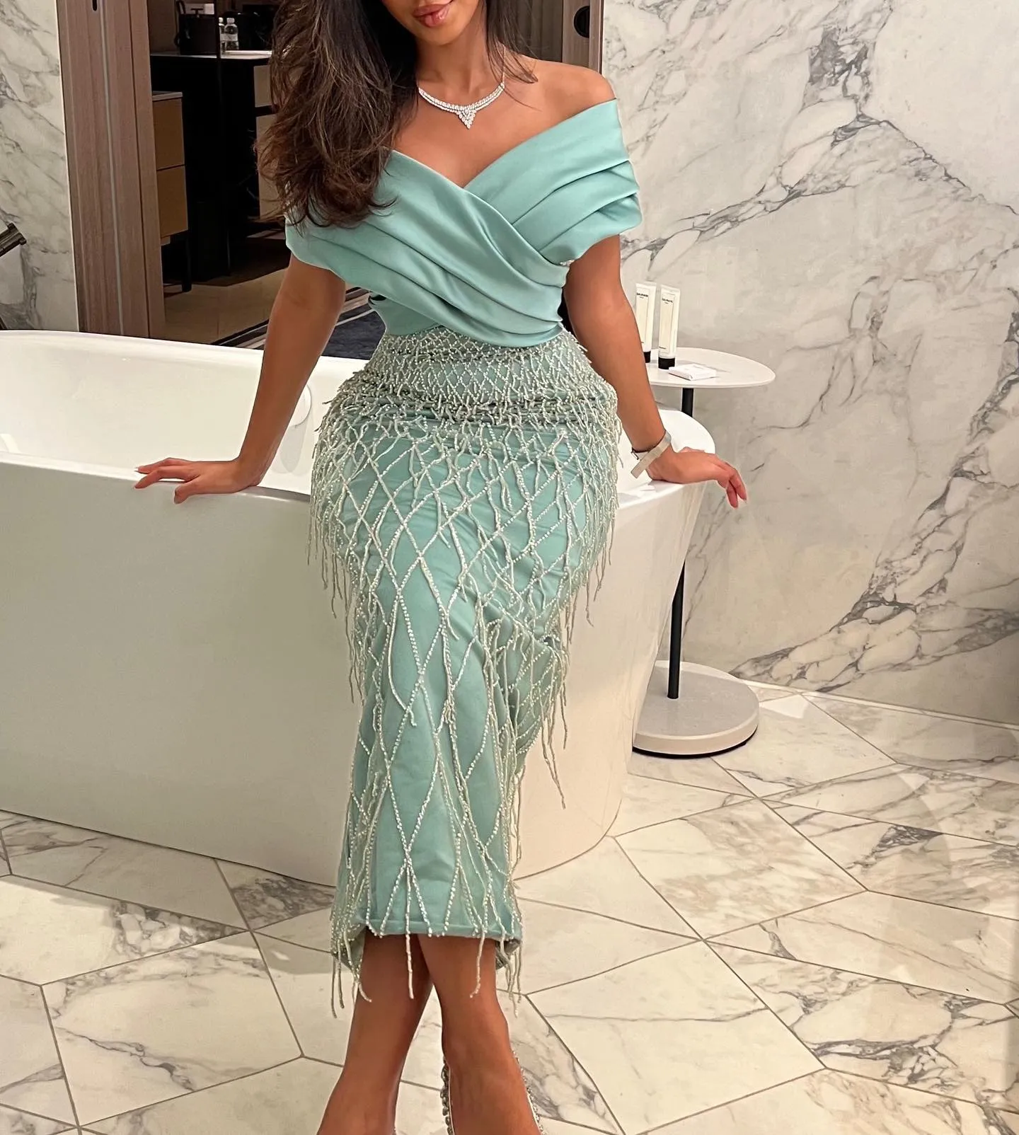 Elegant Off Shoulder Sage Green Tassel Evening Dress SS447