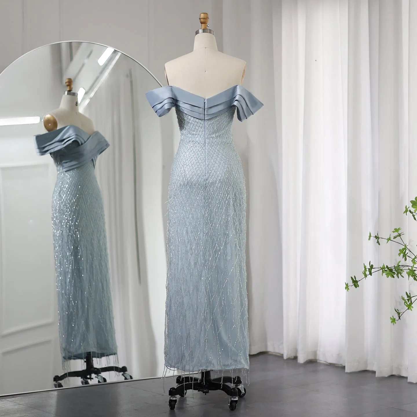 Elegant Off Shoulder Sage Green Tassel Evening Dress SS447