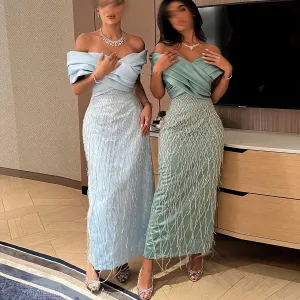 Elegant Off Shoulder Sage Green Tassel Evening Dress SS447
