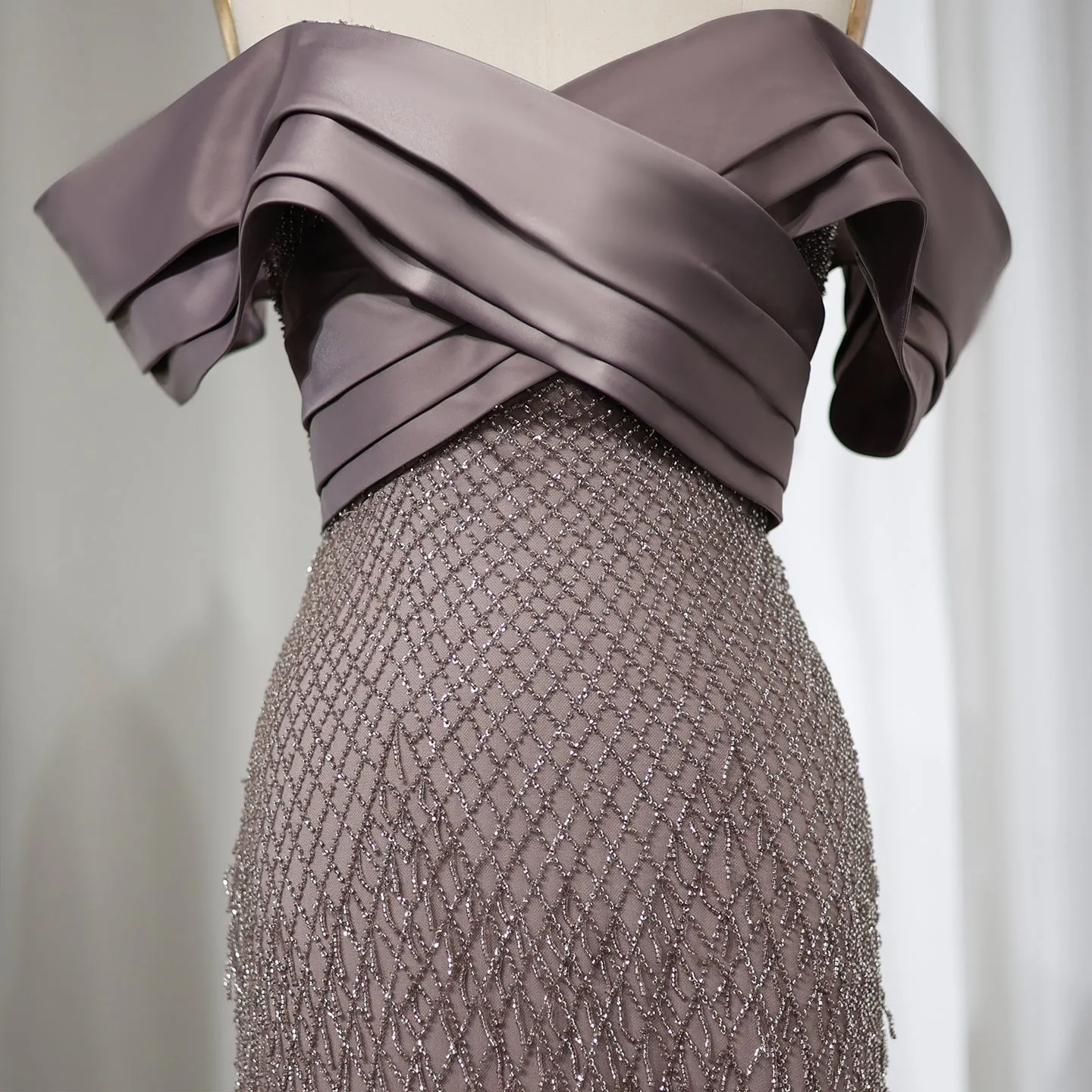 Elegant Off Shoulder Sage Green Tassel Evening Dress SS447