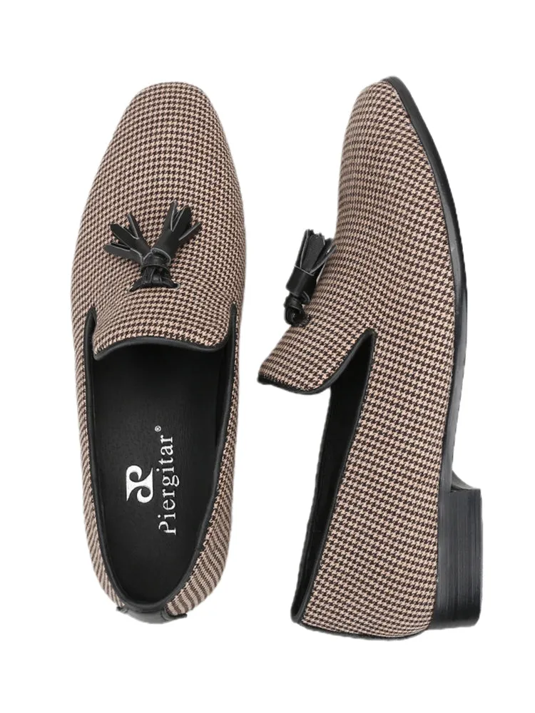 European and American style three-color houndstooth men's tassel loafers, party formal wear, smoking shoes, perfect match for casual suits