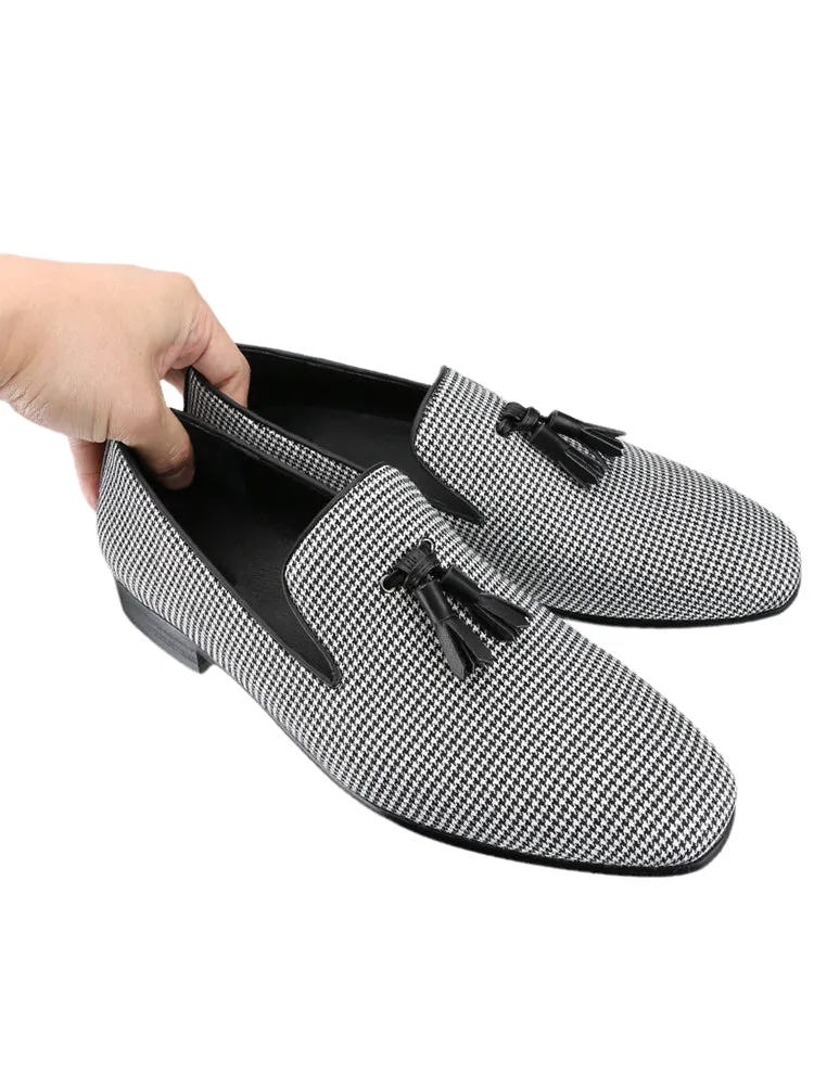 European and American style three-color houndstooth men's tassel loafers, party formal wear, smoking shoes, perfect match for casual suits