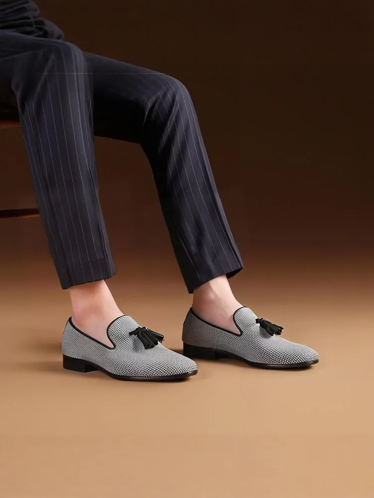 European and American style three-color houndstooth men's tassel loafers, party formal wear, smoking shoes, perfect match for casual suits