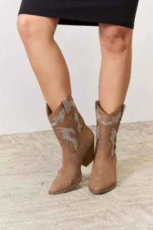 Forever Link Rhinestone Bedazzled Detail Cowboy Cowgirl Ankle Tan Bootie Boots