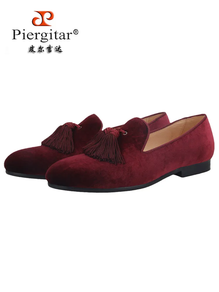 Imported burgundy red silk men's tassel loafers exported to Europe and the United States wedding party formal wear smoking shoes